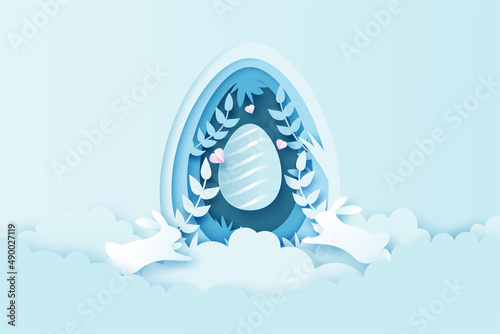 Happy Easter background.Paper art of easter eggs and rabbit with egg shape.Banner template design.Vector illustration.