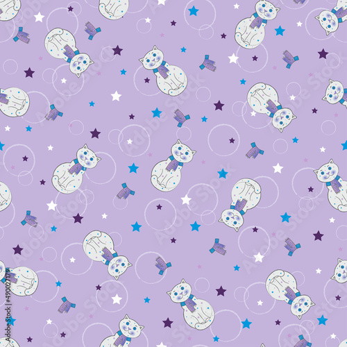 Seamless pattern with cats on a lilac background. Veri Peri color of the year for children's clothing pattern. Seamless pattern for children's knitwear with funny cats, circles and stars. 