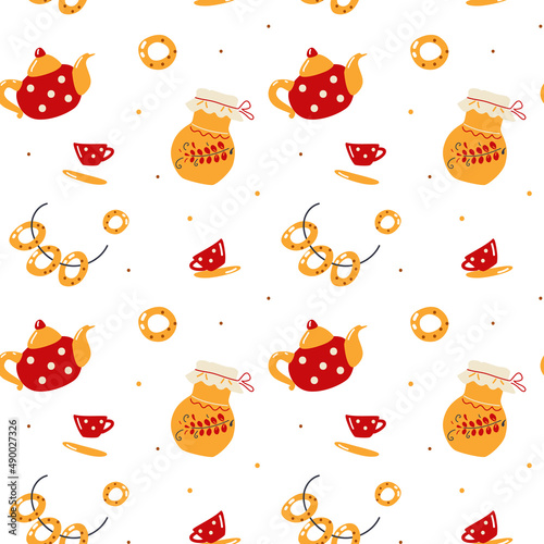 Seamless pattern of teapot and mugs and bagels. Russian traditions. Maslenitsa Day. Vector illustration for backgrounds, postcards, packaging