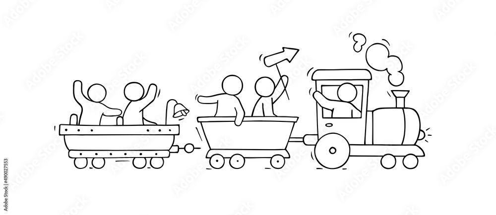 Sketch of little people on train.
