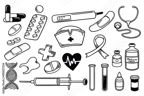 Hand drawn set of medical equipment stuff doodle isolated on white background.
