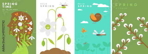Hello Spring. Nature. Garden. Set of simple vector illustrations. Symbolic posters on the theme of peace, harmony. Backgrounds for banners, labels, covers.