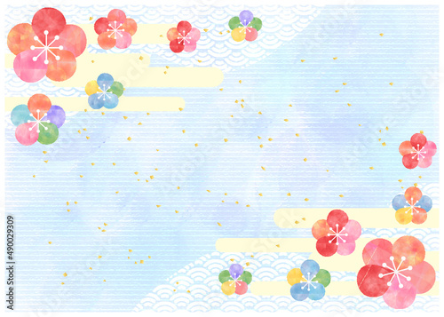 水彩梅の花_淡いピンク背景