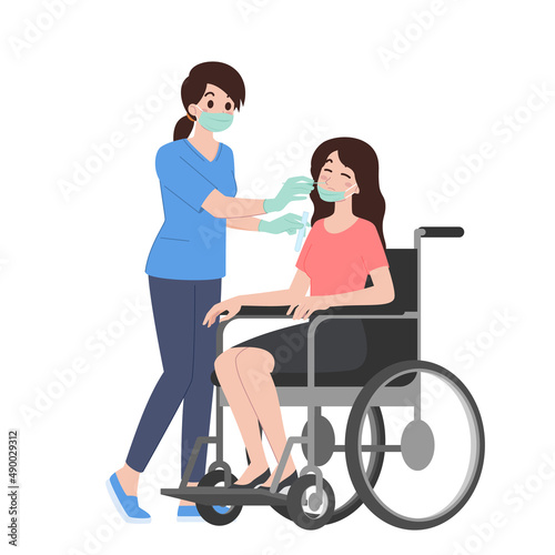 A doctor or nurse is about to do nose swab test for a patient who sit on wheelchair in the hospital to check for coronavirus infection. Cartoon character health concept isolated on white background.