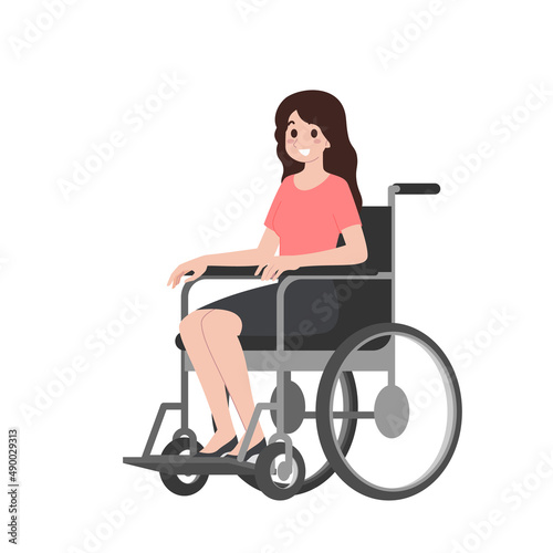 Portrait of disabled young woman is sitting in a wheelchair on a white background. Disabled character with paraplegia and a physical disability. Vector illustration in a flat style.