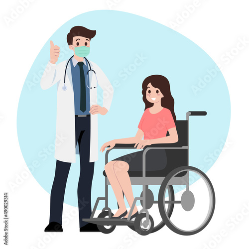 Patient man sit on a wheel chair with primary care physician woman at hospital office. Clinic appointment meeting with doctor, giving medical care about checkup results. Vector character illustration.