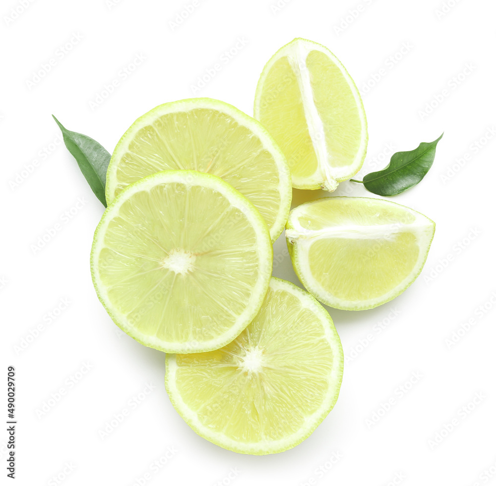 Pieces of juicy bergamot fruit on white background