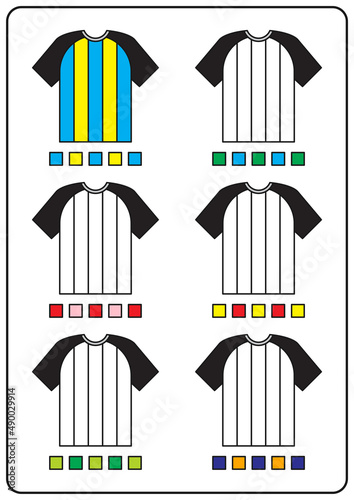 Coloring pages, educational games for children, preschool activities, printable worksheets. Simple cartoon vector illustration of colorful objects to learn colors. Coloring sports t-shirts.