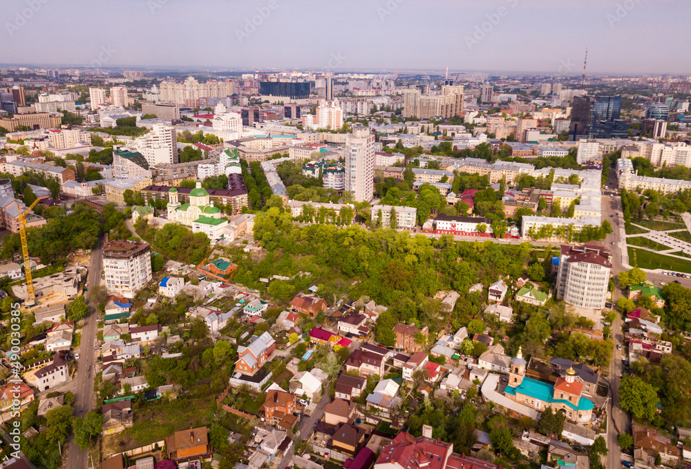 View from drone of historic center and modern residential areas of Voronezh city, Russia