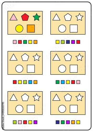 Instructional coloring pages, educational games for children, preschool activity worksheets. Simple cartoon vector illustration of colorful objects to learn colors. Coloring flat geometry puzzle.