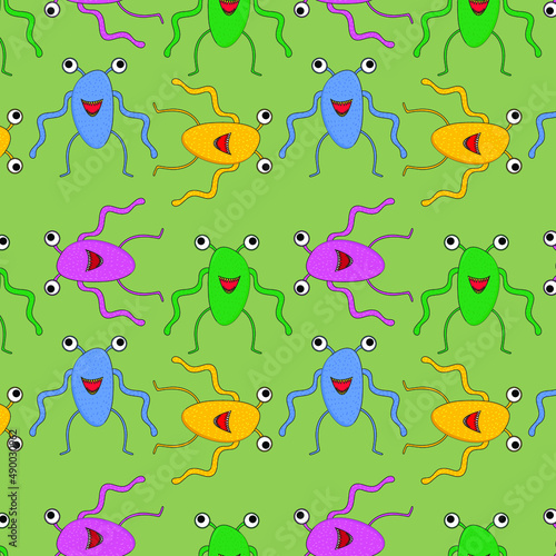 Childish  pattern with cute monsters on green background. Vector texture for children clothes, fabrics, textiles