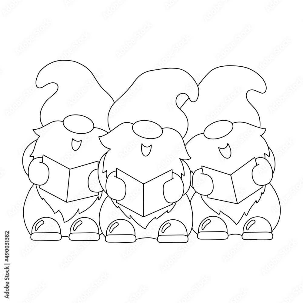 The dwarfs are singing Christmas carols. Coloring book page for kids. Cartoon style character. Vector illustration isolated on white background. The dwarfs are singing Christmas carols. Coloring book page for kids. Cartoon style character. Vector illustration isolated on white background.