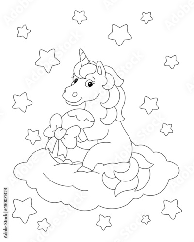 A cute unicorn is holding an Easter egg with a bow. Coloring book page for kids. Cartoon style character. Vector illustration isolated on white background.