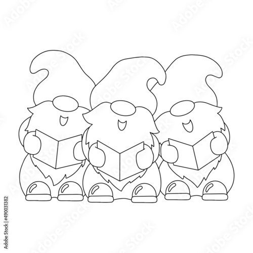 The dwarfs are singing Christmas carols. Coloring book page for kids. Cartoon style character. Vector illustration isolated on white background.