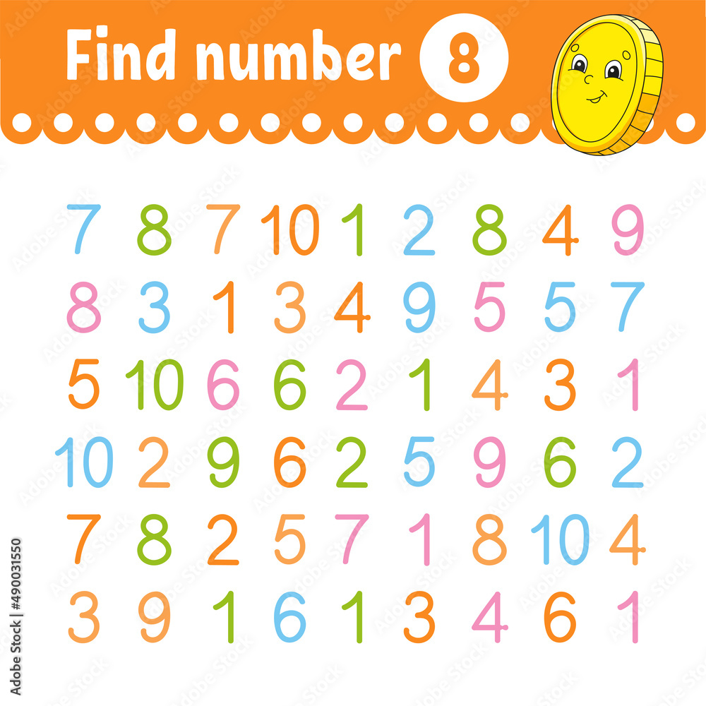 Find number. Education developing worksheet. Activity page with pictures. Game for children. Color isolated vector illustration. Funny character. cartoon style. Find number. Education developing worksheet. Activity page with pictures. Game for children. Color isolated vector illustration. Funny character. cartoon style.