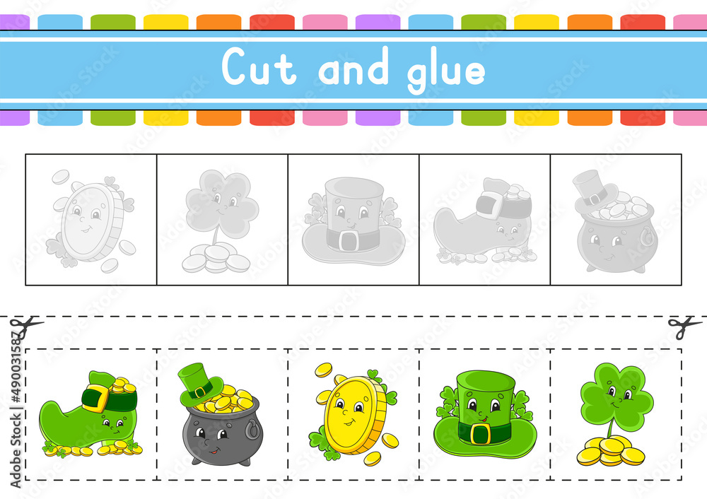 Cut and play. Paper game with glue. Flash cards. Education worksheet. Activity page. Scissors practice. Isolated vector illustration. cartoon style. St. Patrick's day.