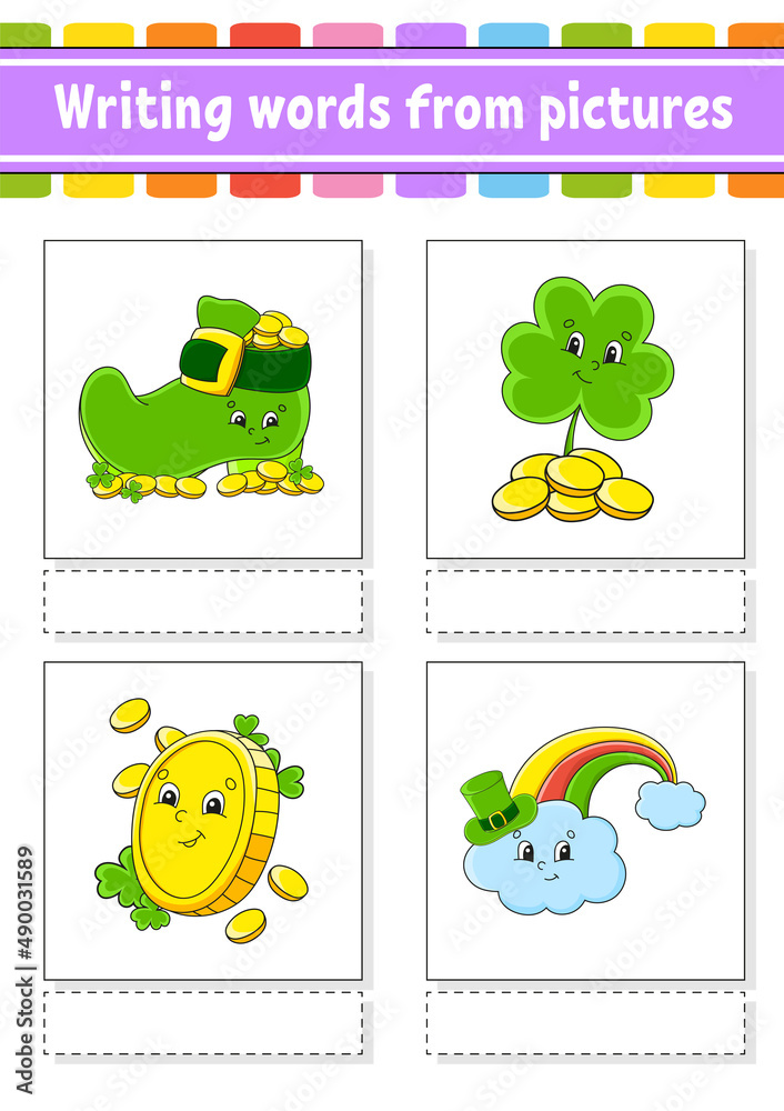 Writing words from pictures. Education developing worksheet. Activity page for kids. Puzzle for children. Isolated vector illustration. cartoon characters. St. Patrick's day.