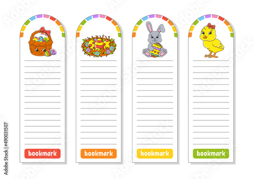 Set of paper bookmarks for books with cute cartoon characters. For kids. Color vector illustration. Easter theme.