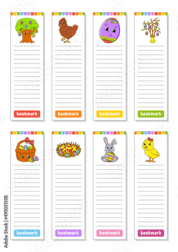 Set of paper bookmarks for books with cute cartoon characters. For kids. Color vector illustration. Easter theme.