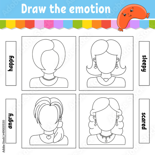 Draw the emotion. Worksheet complete the face. Coloring book for kids. Cheerful character. Vector illustration. Black contour silhouette. Isolated on white background.