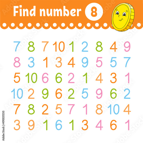 Find number. Education developing worksheet. Activity page with pictures. Game for children. Color isolated vector illustration. Funny character. cartoon style.