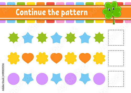 Continue the pattern. Education developing worksheet. Game for kids. Activity page. Puzzle for children. Riddle for preschool. Flat isolated vector illustration. Cute cartoon style.