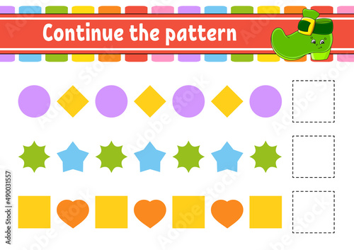 Continue the pattern. Education developing worksheet. Game for kids. Activity page. Puzzle for children. Riddle for preschool. Flat isolated vector illustration. Cute cartoon style.
