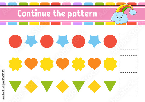 Continue the pattern. Education developing worksheet. Game for kids. Activity page. Puzzle for children. Riddle for preschool. Flat isolated vector illustration. Cute cartoon style.