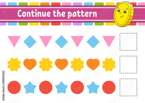 Continue the pattern. Education developing worksheet. Game for kids. Activity page. Puzzle for children. Riddle for preschool. Flat isolated vector illustration. Cute cartoon style.