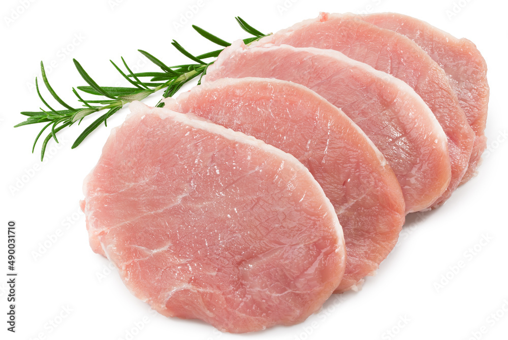 raw pork meat with rosemar isolated on white background. Clipping path and full depth of field