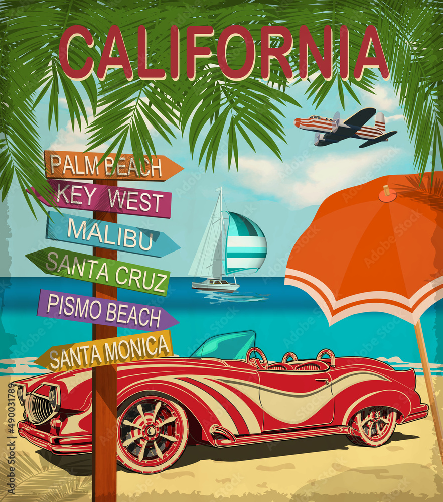 California retro poster with retro car. Stock Vector Adobe Stock