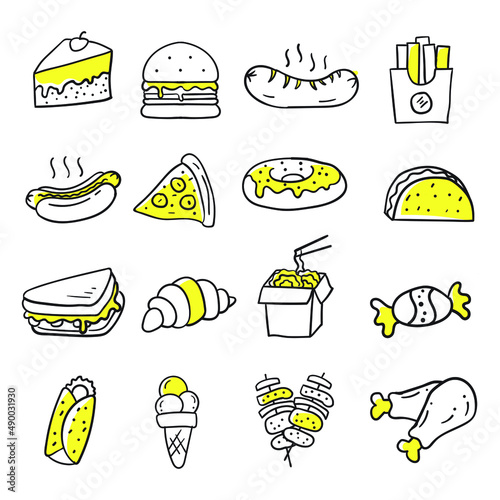 Hand drawn style of fast food icon set vector.
