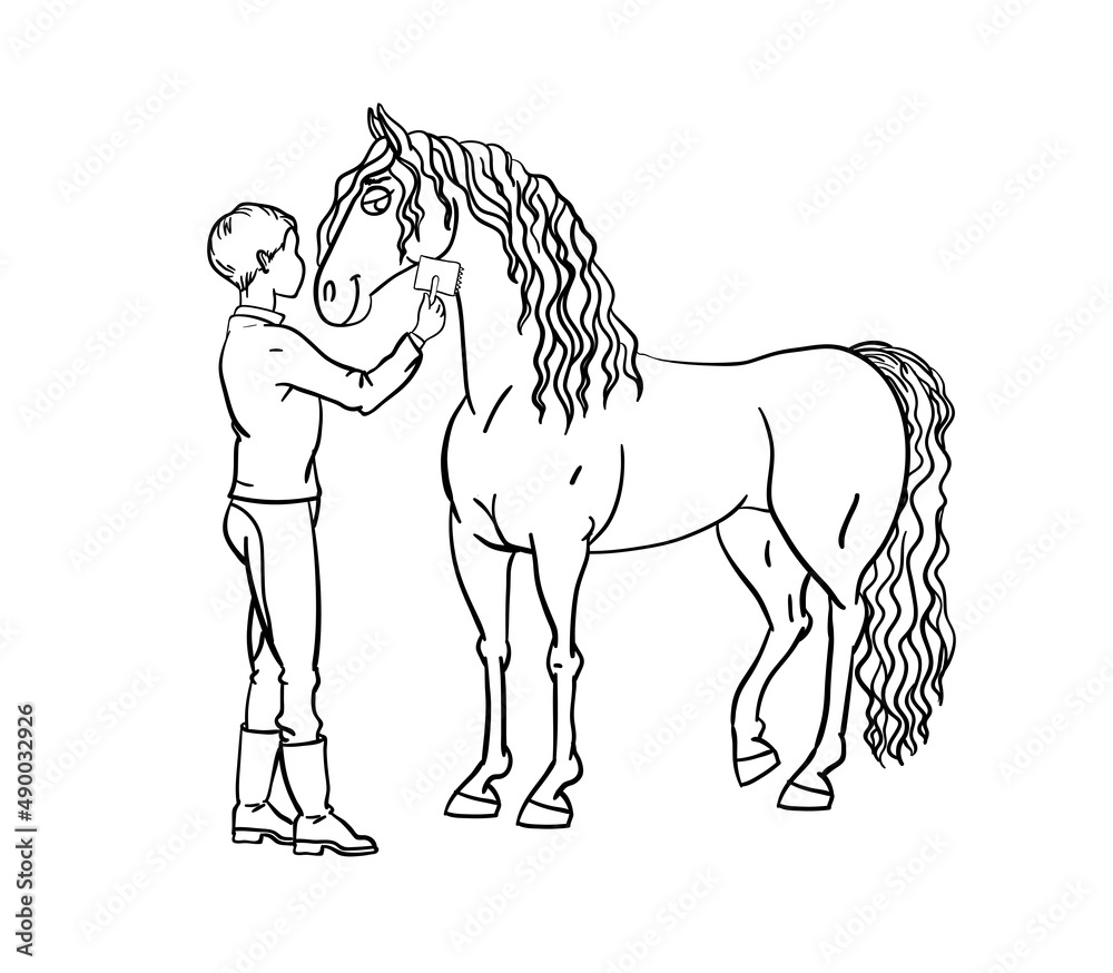 Line art style horse character for children colored book creation.