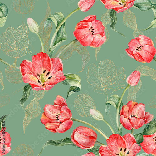 Seamless Pattern with watercolor red tulips. Pattern floral seamless. Red spring flowers. © Antonina Rushkina