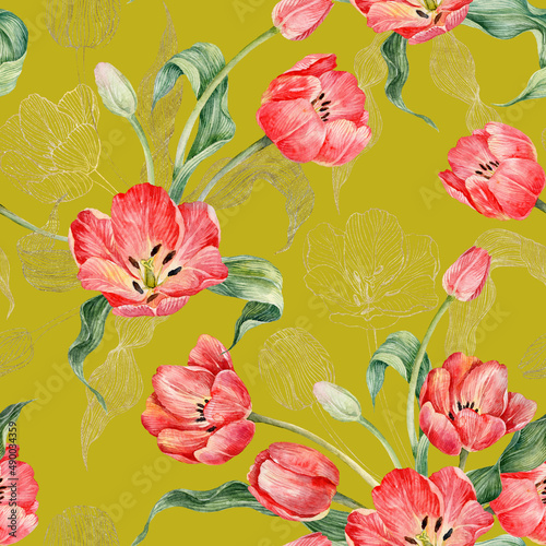 Seamless Pattern with watercolor red tulips. Pattern floral seamless. Red spring flowers.