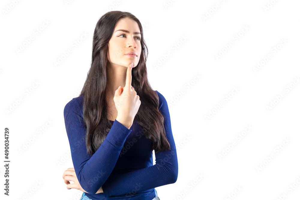 Thoughtful woman looking up with her finger in the chin. Woman thinking ...