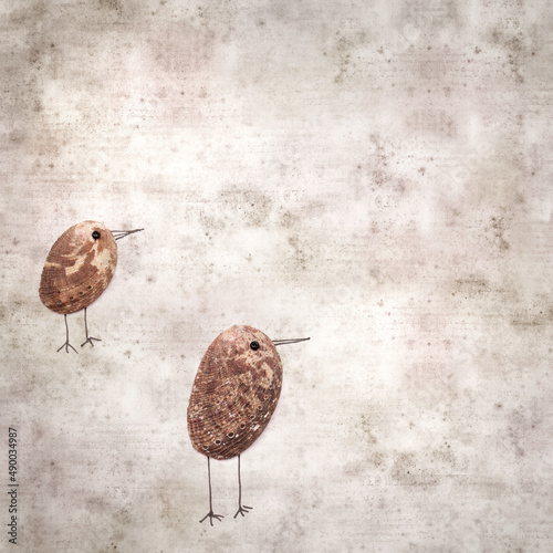 stylish textured old paper background with funny little birds made of a green ormer shell photo