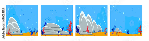 Set of backgrounds of the underwater world. Seascapes of sandy bottom, rocks and algae. Cartoon illustration of the bottom of the ocean.