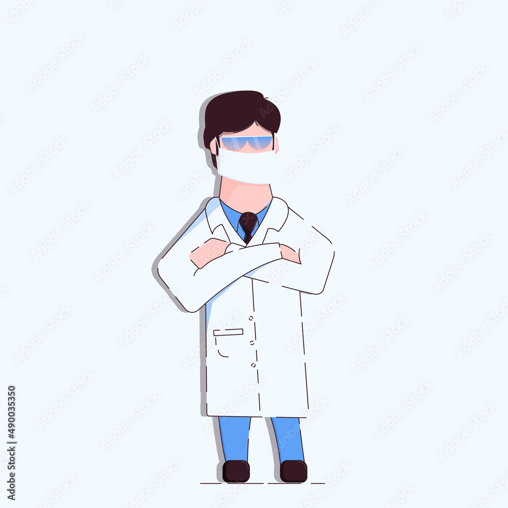 Illustration of a European-looking doctor standing confidently with arms crossed over his chest. Wearing a white coat. Mask and goggles on his face.Stock vector illustration.Isolated white background. Illustration of a European-looking doctor standing confidently with arms crossed over his chest. Wearing a white coat. Mask and goggles on his face.Stock vector illustration.Isolated white background.