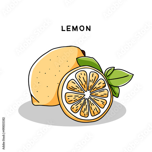 Hand drawn lemon icon. Fruit whole and cut. Vector illustration in doodle style