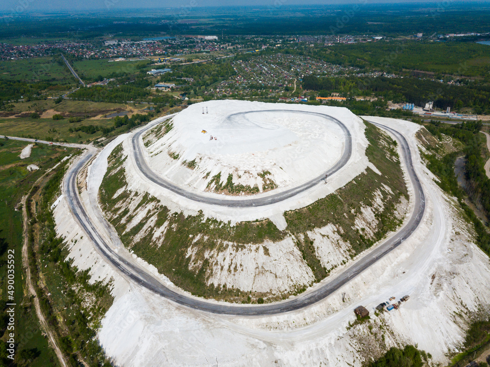 Aerial view of White Mountain near Russian town of Voskresensk - slagheap entirely composed of phosphogypsum mining wastes