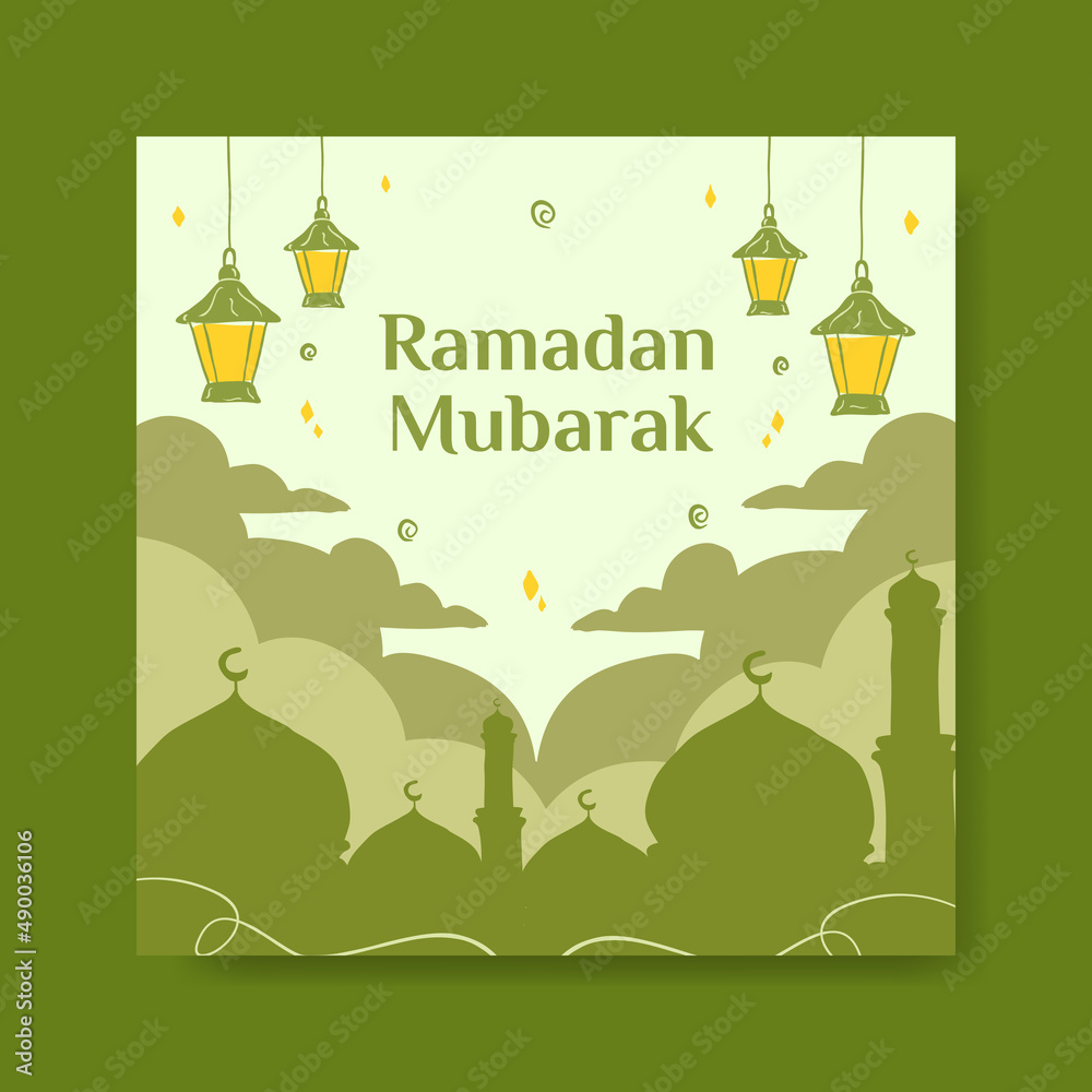 Ramadan Mubarak social media banner template . flat Illustration vector graphic. Design concept Mosque with lantern, Perfect for Islamic Holy Month, banner, Postcard social media