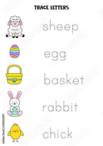 Tracing words of Easter drawings. Writing practice.