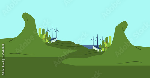 Poster design for sustainable living. ESG, green energy and sustainable industry. The concept of environmental, social and corporate governance, the development of alternative energy sources.