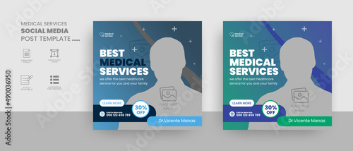 Medical services social media post and healthcare web banner. Hospital, doctor, clinic and dentist health business marketing banner with logo & icon. 