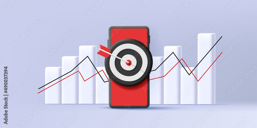 3d graphic digital composition of a smartphone with target and arrow ...