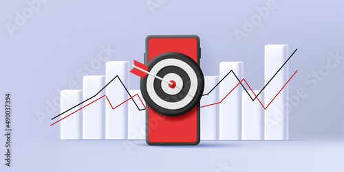 3d graphic digital composition of a smartphone with target and arrow and bar chart with increasing curve