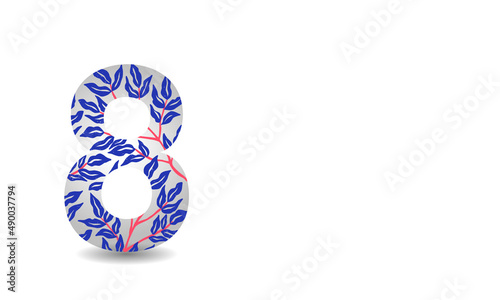 8 de marzo. Recurso grafico de Día Internacional de la Mujer. Diseño de fondo o banner con espacio para texto. Recurso grafico sobre fondo blanco con motivos florales