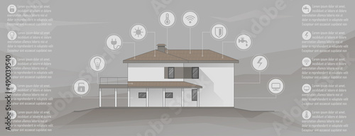 Smart home control concept. IOT house infographic. Smart house system with centralized control. House technology system. Ecology icons and design elements. Eco friendly home. Green house
