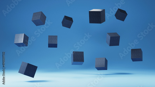 solar cell cube on blue background, 3d rendering